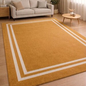 Mustard Yellow Area Rug, Minimal Double Border, Scandinavian Living Room Carpet