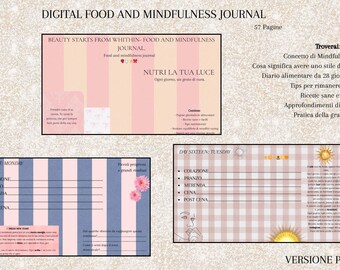 May include: Digital food and mindfulness journal with a pink and blue color scheme. The journal includes sections for daily meal planning and mindfulness practices. The text "Digital Food and Mindfulness Journal" is at the top.