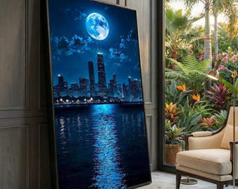 月明かりに照らされた街並みのキャンバスアート、夜空の反射