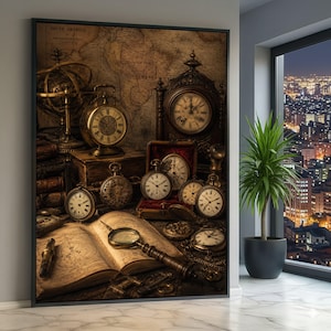 Op de afbeelding: Een ingelijst kunstwerk met een verzameling antieke klokken en zakhorloges. De klokken variëren in grootte en stijl, met goud- en bronskleuren. Een open boek met een vergrootglas en een vintage kaart completeren de scène.