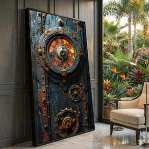 May include: A large framed artwork with a steampunk clock design. The artwork has a dark blue background with bronze and copper-coloured gears and clock elements. The clock face glows with warm orange light, and the frame is black.