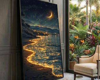 May include: A framed art print depicts a nighttime coastal scene. The artwork features a crescent moon, a starry sky, and a shoreline with glowing lights. The print is leaning against a wall, with a view of a lush garden visible through a window.
