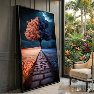 May include: A framed art print showing a split landscape with a tree at the centre. One side has a warm, orange-toned field and tree, the other a cool, blue-toned field and tree. A stone path leads to the tree.