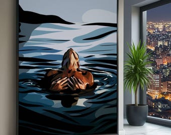 Mujer abstracta en lienzo de agua, arte de relajación moderno