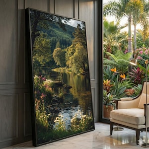 May include: A framed art print of a tranquil lake scene. The artwork features a calm body of water surrounded by trees and a wooden dock. The color palette includes greens, browns, and blues, creating a peaceful and natural aesthetic. The print is displayed indoors.