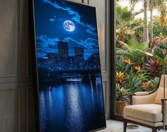 満月の夜の街並みキャンバス、都会のスカイラインウォールアート