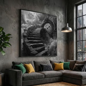 Mystical Stone Staircase Surreal Clock Canvas Art, Black White Fantasy Home Decor