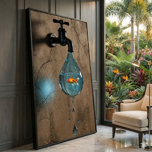 Può includere: Opera d'arte incorniciata con un rubinetto nero che versa acqua in un bicchiere a forma di goccia, con un pesce rosso all'interno. Lo sfondo è un muro marrone strutturato con crepe. L'opera è in una cornice nera.