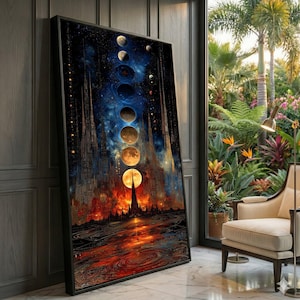 May include: A framed art print depicting a celestial scene with phases of the moon. The artwork features a dark blue and orange color palette, with a cityscape silhouette at the bottom. The print is displayed in a room with a window overlooking a garden.