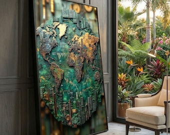 3D Metallic World Map Canvas, Industrial Steampunk Wall Art