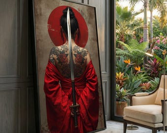Tattooed Woman Canvas, Red Kimono, Samurai Sword Art, Oriental Decor