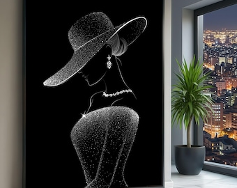 Elegant Woman Silhouette Canvas, Black White Fashion Art, Lady Hat Wall Decor