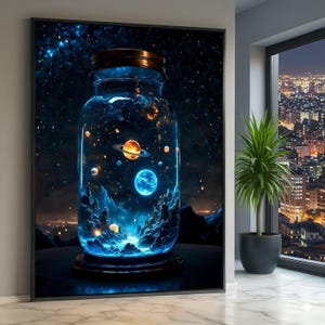 Op de afbeelding: Een ingelijst kunstwerk toont een glazen pot met een miniatuurmelkwegstelsel met planeten en nevels. De pot wordt verlicht met blauw licht, tegen een donkere sterrenachtergrond. Het kunstwerk wordt tentoongesteld in een lichte kamer met uitzicht op de stad.