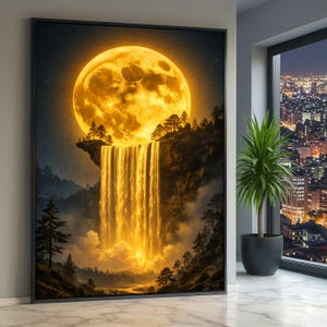 Puede incluir: Una impresión artística enmarcada representa un paisaje surrealista con una luna dorada y brillante que domina el cielo nocturno. Una cascada cae desde un acantilado, iluminada por la luz de la luna. La escena incluye árboles silueteados y niebla.