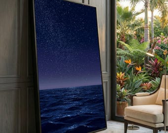 Starry Night Ocean Canvas, Deep Blue Nautical Wall Art
