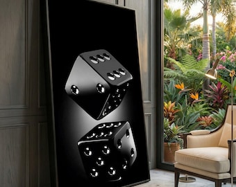 Modern Black Dice Canvas Art, Glossy Casino Decor