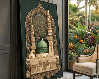 Prophet Mosque Green Dome Canvas Art, Islamic Architecture, Arabic Calligraphy