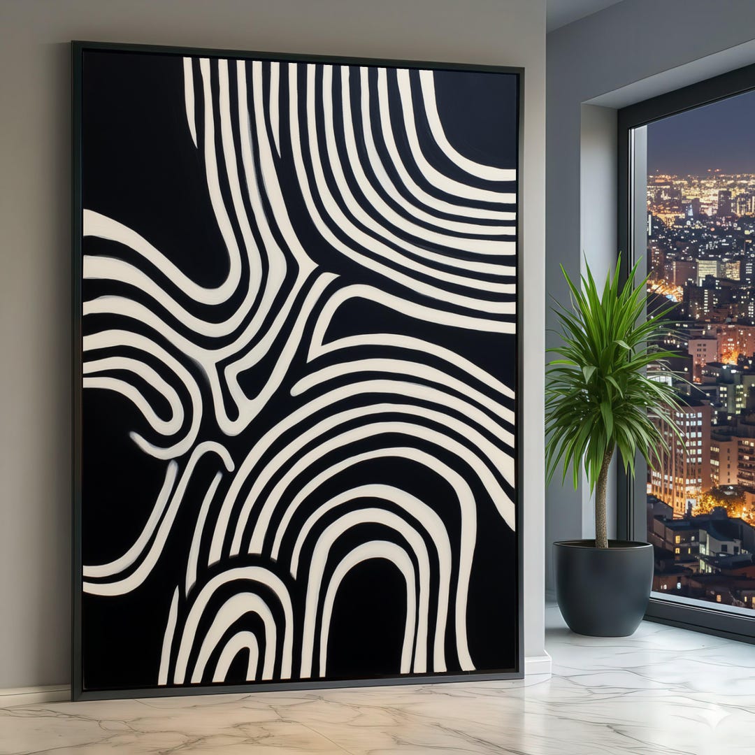 Modern Black White Abstract Canvas Art, Minimalist Geometric Wall ...