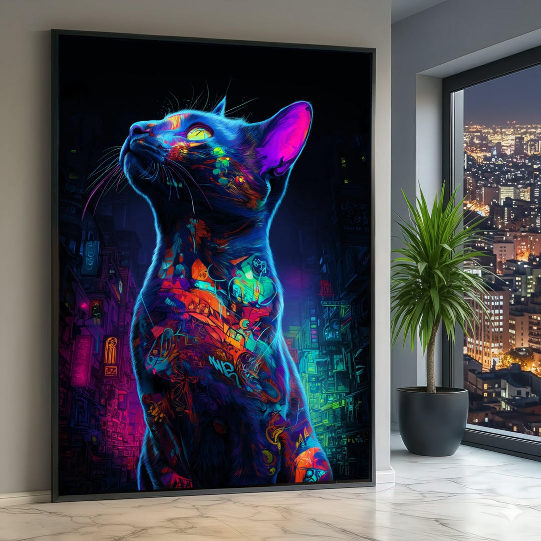 Neon Cyberpunk Cat Canvas Art, Futuristic Urban Wall Decor - Etsy