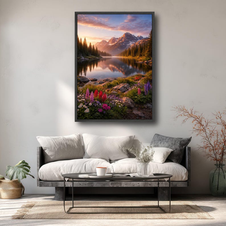 Serene Mountain Lake Canvas, Wildflower Meadow Sunset Landscape Art - Etsy
