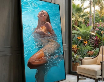 Mujer en agua azul sobre lienzo, arte mural de natación serena