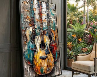 Abstract Acoustic Guitars Canvas Wall Art, Rustic Music Decor