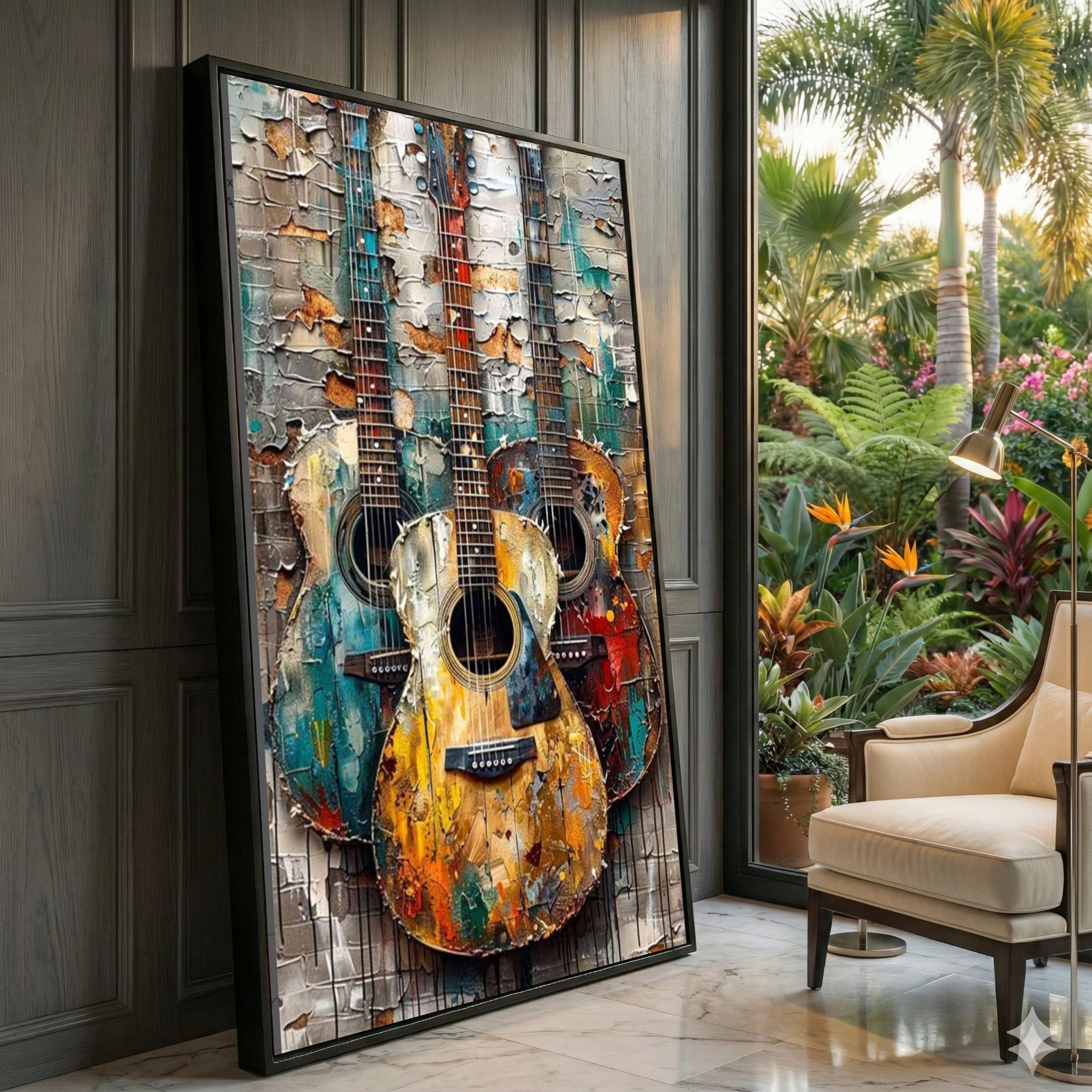 Abstract Acoustic Guitars Canvas Wall Art, Rustic Music Decor
