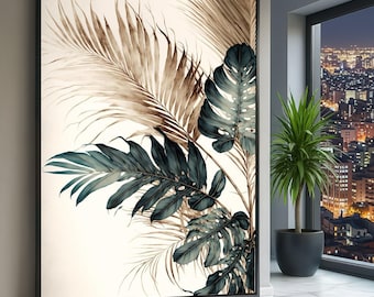 May include: Large framed artwork featuring a botanical illustration of tropical leaves in shades of teal, brown, and beige. The artwork is set against a cream-colored background and framed in black. The image is displayed in a well-lit room with a city view.