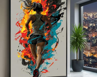 May include: A framed art print showing a runner from behind, set against a backdrop of vibrant orange, blue, and black abstract paint. The runner is dressed in a grey vest and black shorts, with red running shoes. The artwork is displayed in a modern interior setting.