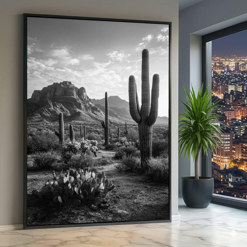 Black and White Desert Cactus Canvas Print, Southwestern Landscape Wall ...