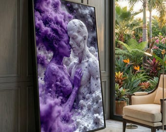 Abstract Couple Embrace Canvas, Purple and White Sculpture Wall Art