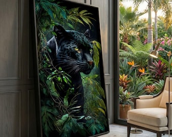 Majestic Black Panther Canvas Art, Jungle Greenery, Ready to Hang