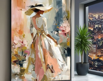 Impressionist Woman Canvas Art, Flowing Dress, Floral Background Wall Painting