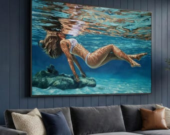 Impresión en lienzo de mujer nadando bajo el agua, decoración costera para el hogar