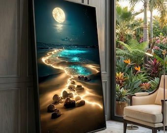 Moonlit Beach Canvas Art, Glowing Ocean Seascape, Modern Home Decor