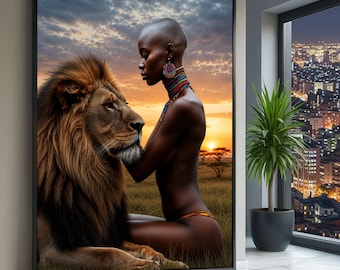 Majestic Lion Woman Canvas, African Sunset Wildlife Tribal Art, Nature Culture Decoration