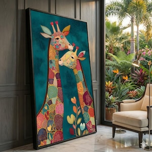 May include: A framed art print showing two giraffes with vibrant, patterned coats. The giraffes are set against a teal backdrop, with floral details. The artwork is displayed in a room with a view of a lush garden.
