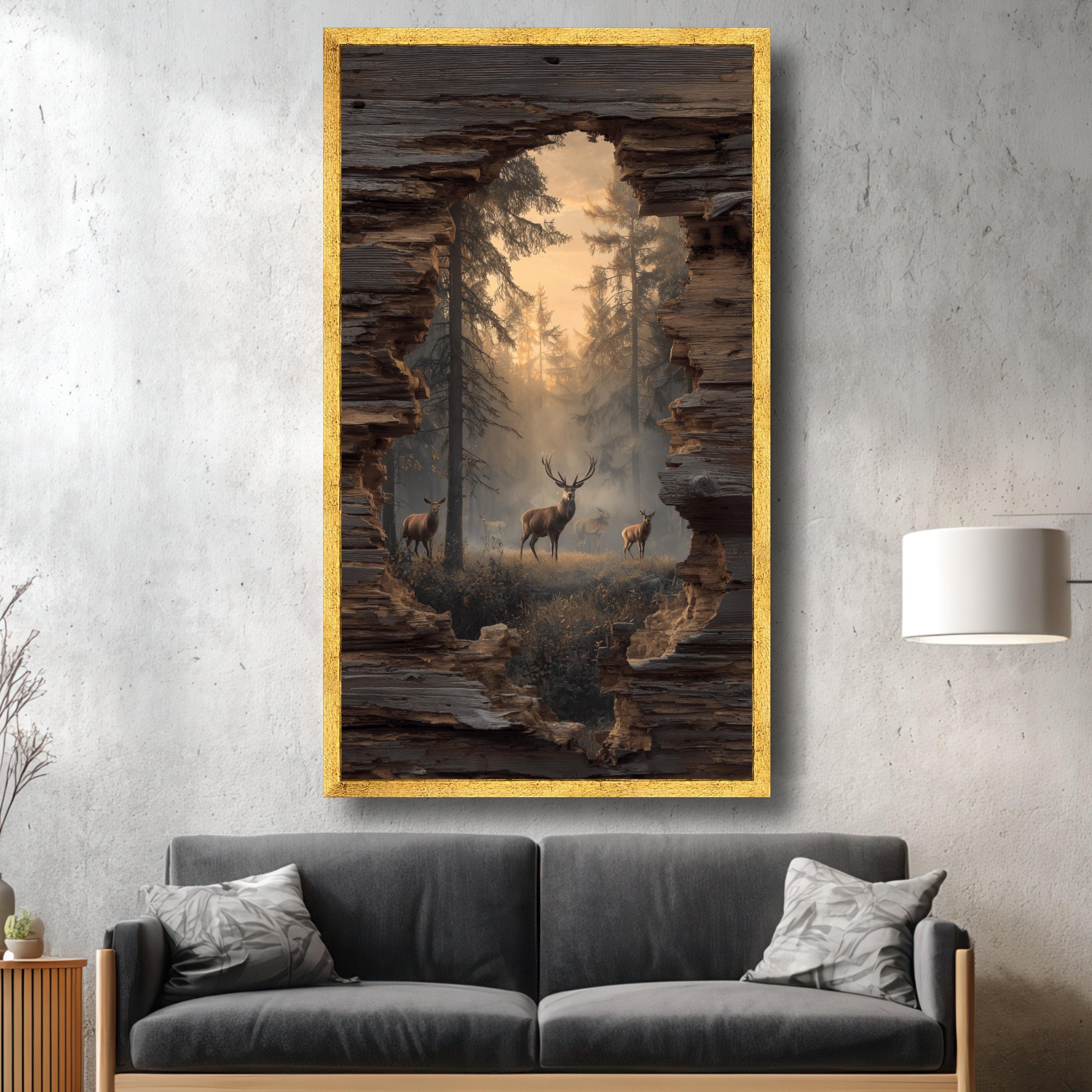 Majestic Deer Canvas Print, Misty Forest View, Rustic Wood Frame - Etsy