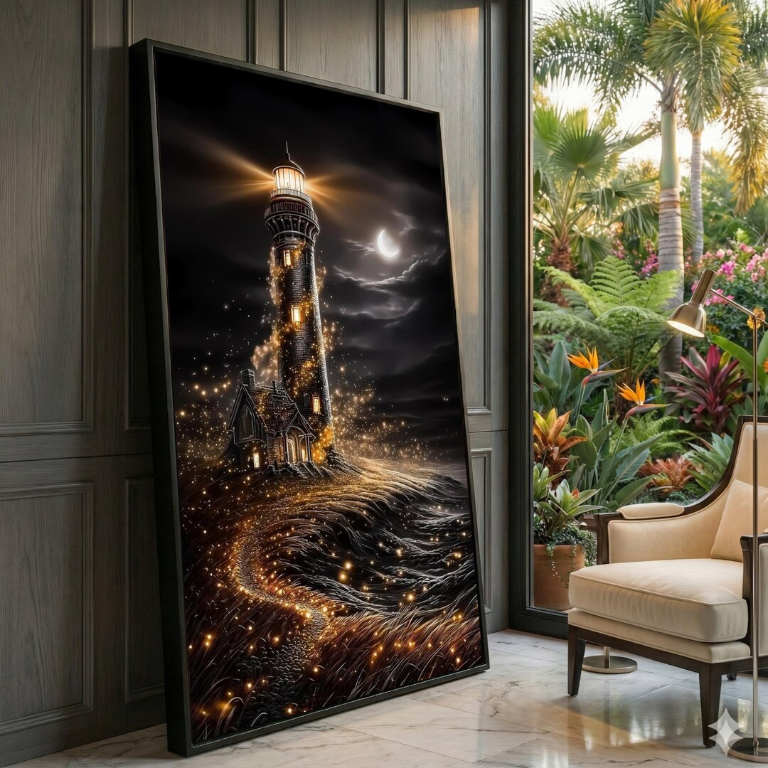 Illuminated Lighthouse at Night Canvas, Magical Glow Wall Art, Moonlit ...