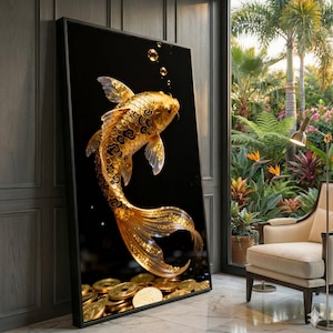 金色の鯉のクリスタル磁器製壁掛けアート、中国の幸運の魚の強化ガラス