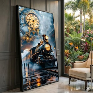 May include: A framed art print depicting a vintage steam train emerging from a station, with a large clock in the background. The artwork features a detailed, steampunk-inspired design with gold and black accents, set against a misty, atmospheric backdrop.