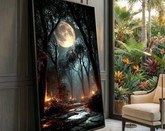 May include: A framed art print depicts a moonlit forest scene. The artwork features a large, glowing moon in a dark sky, illuminating a path through the trees. The color palette is dominated by dark blues, blacks, and warm orange hues.