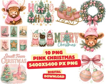 Pink Coquette Christmas PNG Bundle, Preppy Bow Holiday Designs (Digital Download)