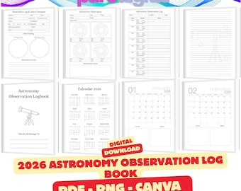 2026 Astronomy Observation Logbook, Stargazing Journal (Digital Download)