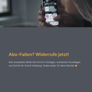 Könnte beinhalten: Ein Smartphone mit App-Symbolen, darunter Netflix, wird in einer Hand gehalten. Der Bildschirm zeigt den Text "Abo-Fallen? Widerrufe jetzt!" und andere deutsche Texte. Der Hintergrund ist dunkelgrau.