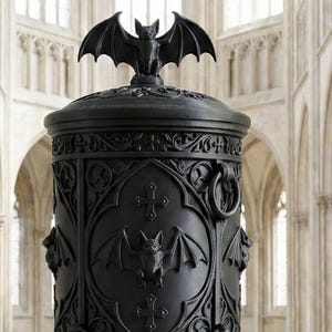 May include: A black decorative urn with a bat-shaped lid finial. The urn features a bat and cross design, ornate detailing, and claw feet. A black rose rests nearby. Gothic home decor.