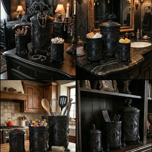 Collage showing gothic storage canisters styled in bathroom vanity, kitchen countertop, office shelf, and living room decor settings, demonstrating versatile use as dark home organizers with ornate gothic design.