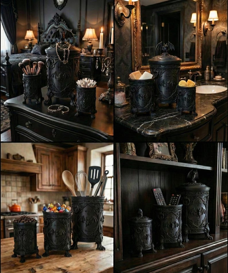 Collage showing gothic storage canisters styled in bathroom vanity, kitchen countertop, office shelf, and living room decor settings, demonstrating versatile use as dark home organizers with ornate gothic design.