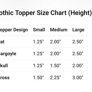 Gothic topper size chart showing height measurements for bat, gargoyle, skull, and cross toppers in small, medium, and large sizes, with each design listed alongside its corresponding inch measurements for clear comparison.