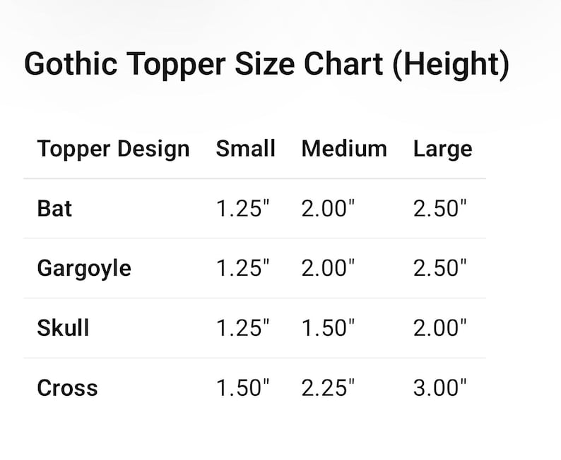 Gothic topper size chart showing height measurements for bat, gargoyle, skull, and cross toppers in small, medium, and large sizes, with each design listed alongside its corresponding inch measurements for clear comparison.